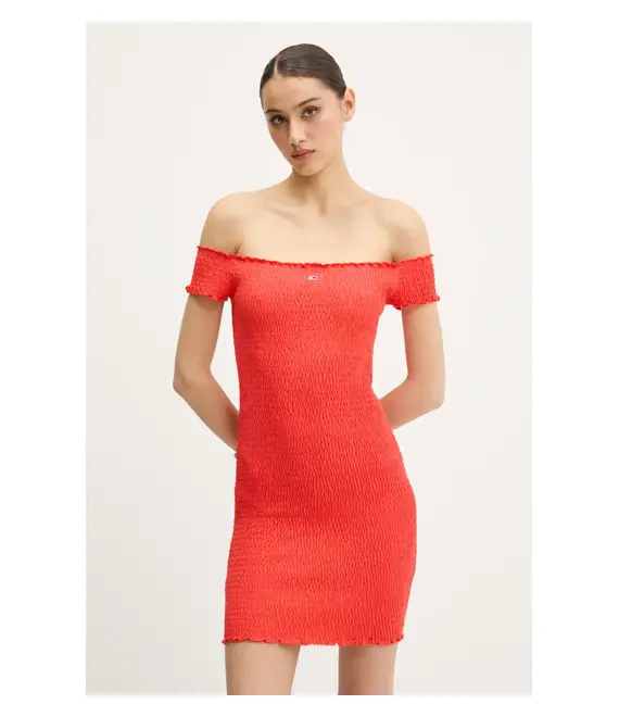 Φόρεμα Tommy Jeans χρώμα: πορτοκαλί, DW0DW20298