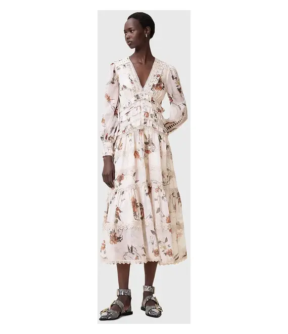 Φόρεμα AllSaints ZORA MIDI χρώμα: μπεζ, W084DC