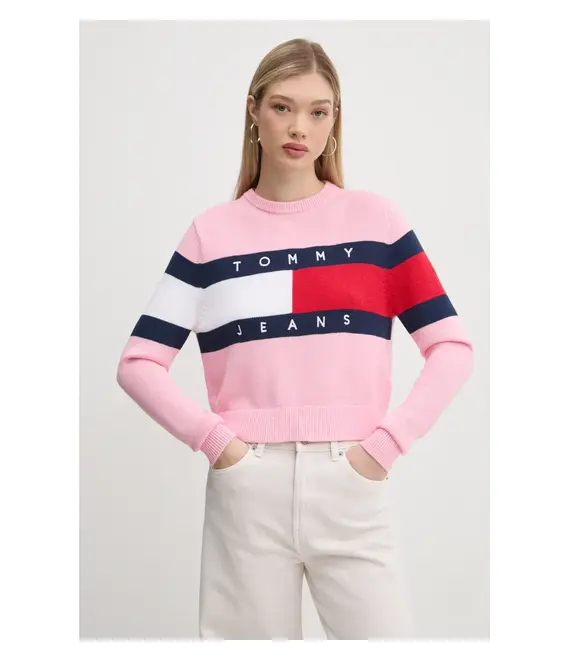 Βαμβακερό πουλόβερ Tommy Jeans χρώμα: ροζ, DW0DW19335