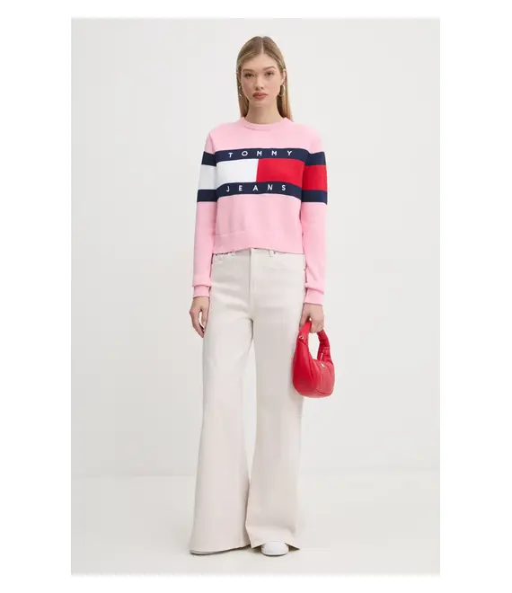 Βαμβακερό πουλόβερ Tommy Jeans χρώμα: ροζ, DW0DW19335