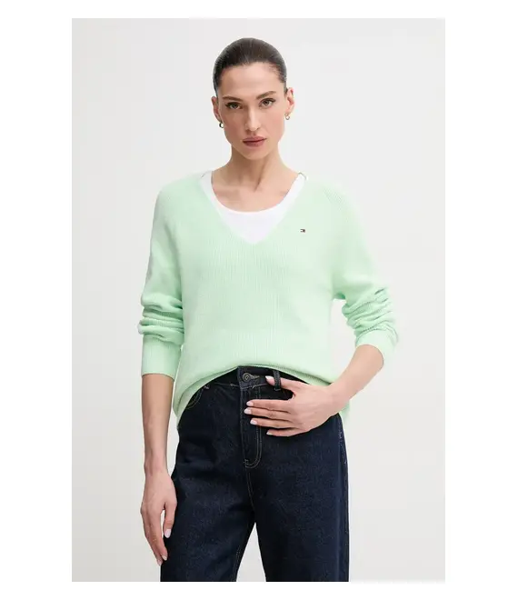 Βαμβακερό πουλόβερ Tommy Hilfiger χρώμα: πράσινο, WW0WW44452