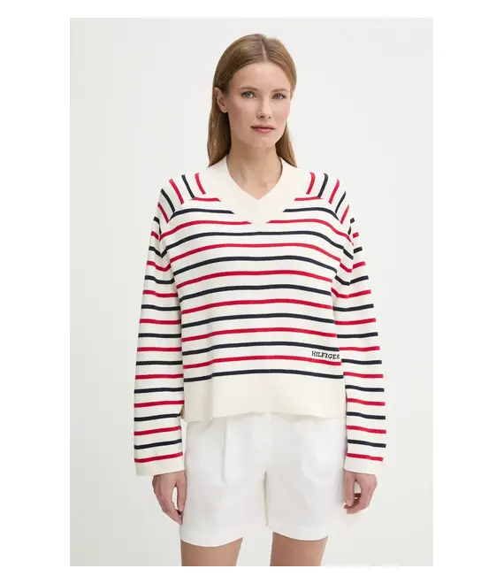 Βαμβακερό πουλόβερ Tommy Hilfiger γυναικείο, χρώμα: μπεζ, WW0WW45401