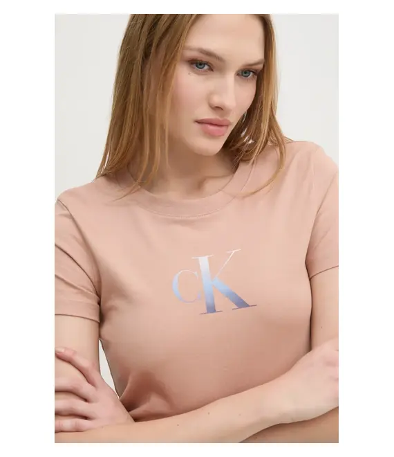 Βαμβακερό μπλουζάκι Calvin Klein Jeans γυναικείο, χρώμα: πορτοκαλί, J20J224982