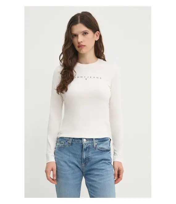 Βαμβακερή μπλούζα με μακριά μανίκια Tommy Jeans χρώμα: μπεζ, DW0DW19434