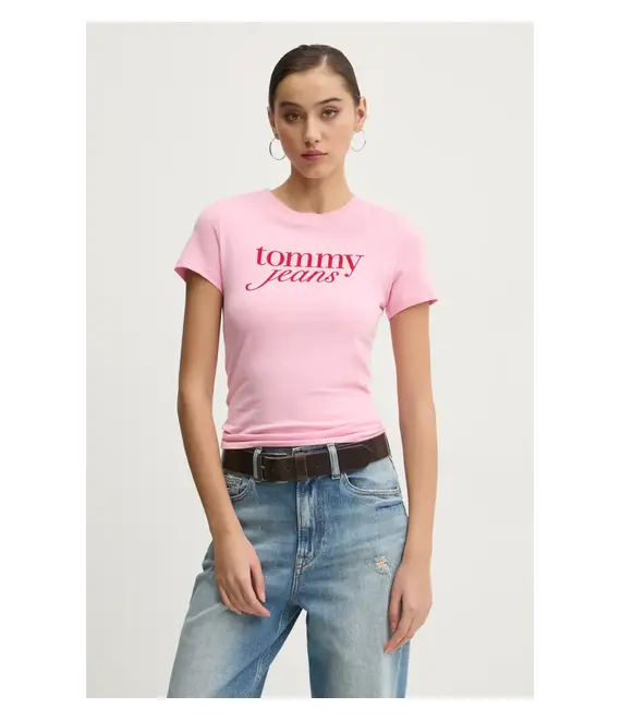 Βαμβακερό μπλουζάκι Tommy Jeans γυναικείο, χρώμα: ροζ, DW0DW19447