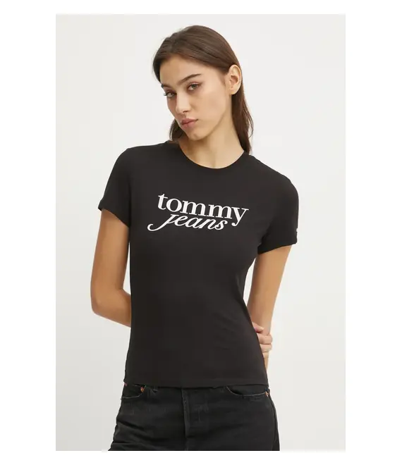 Βαμβακερό μπλουζάκι Tommy Jeans γυναικείο, χρώμα: μαύρο, DW0DW19447