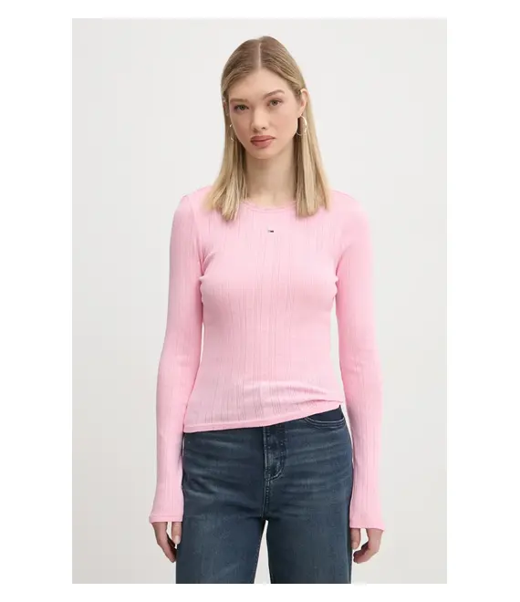 Βαμβακερή μπλούζα με μακριά μανίκια Tommy Jeans χρώμα: ροζ, DW0DW19503