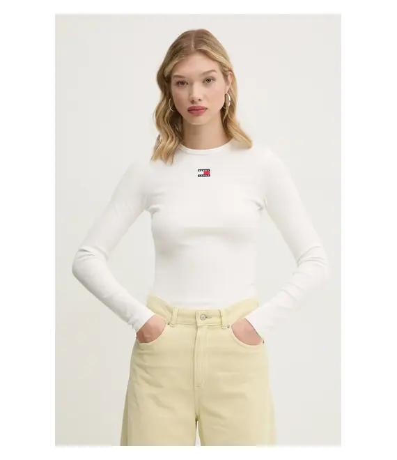 Μακρυμάνικο Tommy Jeans χρώμα: μπεζ, DW0DW20178