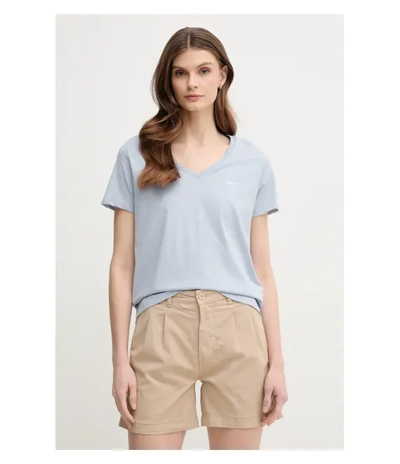 Βαμβακερό μπλουζάκι Pepe Jeans MACY V-NECK γυναικείο, χρώμα: μπλε, PL506051