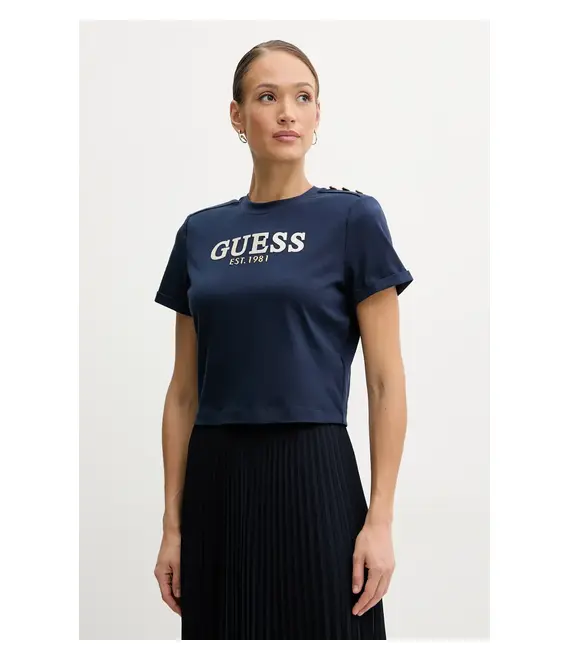 Βαμβακερό μπλουζάκι Guess γυναικείο, χρώμα: ναυτικό μπλε, W5GI15 K8FQ4