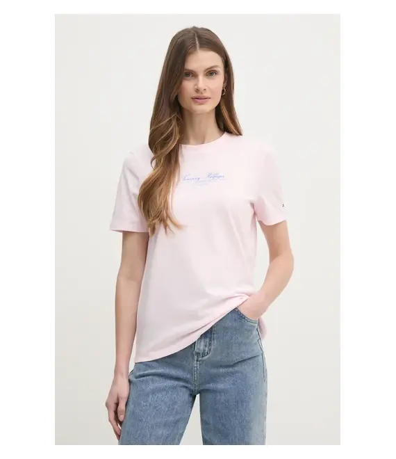 Βαμβακερό μπλουζάκι Tommy Hilfiger γυναικείο, χρώμα: ροζ, WW0WW45428