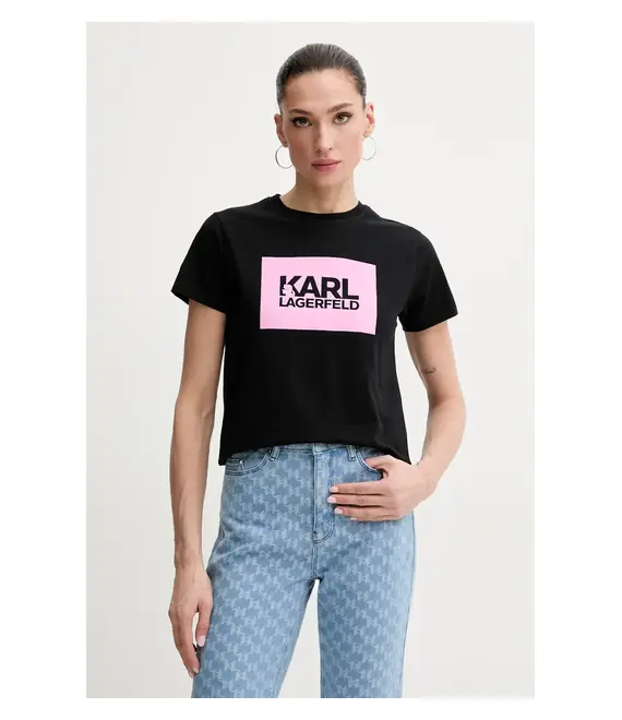Βαμβακερό μπλουζάκι Karl Lagerfeld γυναικείο, χρώμα: μαύρο, ASW17010