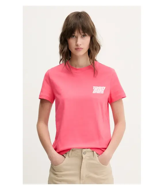 Βαμβακερό μπλουζάκι Tommy Jeans γυναικείο, χρώμα: ροζ, DW0DW21338
