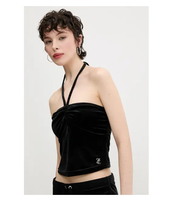Βελουτέ μπλούζα Juicy Couture HALTER RUCHE χρώμα: μαύρο, JCWCT125325