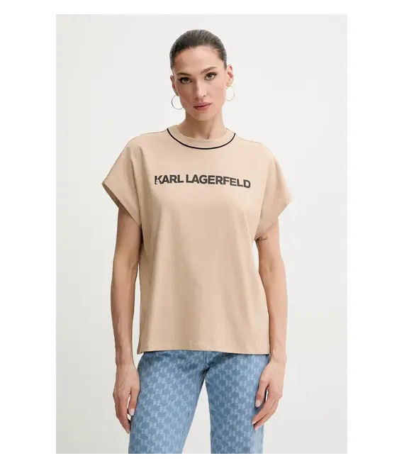 Βαμβακερό μπλουζάκι Karl Lagerfeld γυναικείο, χρώμα: μπεζ, A2W17109