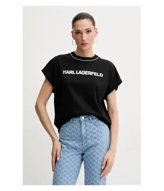 Βαμβακερό μπλουζάκι Karl Lagerfeld γυναικείο, χρώμα: μαύρο, A2W17109