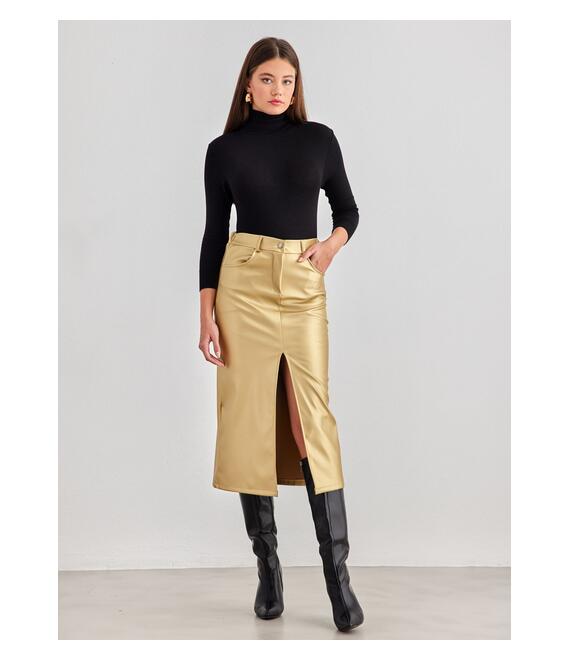 Μίντι φούστα δερματίνη με άνοιγμα FN FASHION - Χρυσό
