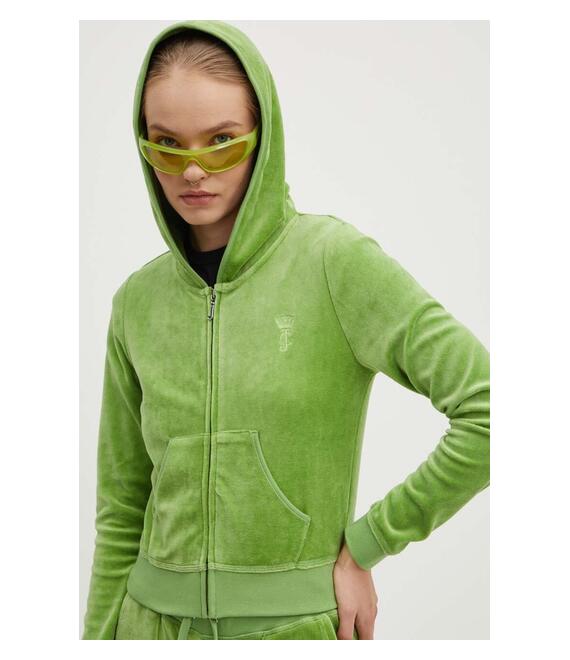 Βελούδινη μπλούζα Juicy Couture HERITAGE ROBYN HOODIE χρώμα: πράσινο, με κουκούλα, JCSEBJ007