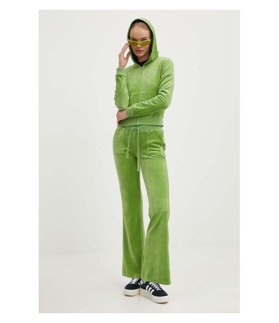 Βελούδινη μπλούζα Juicy Couture HERITAGE ROBYN HOODIE χρώμα: πράσινο, με κουκούλα, JCSEBJ007