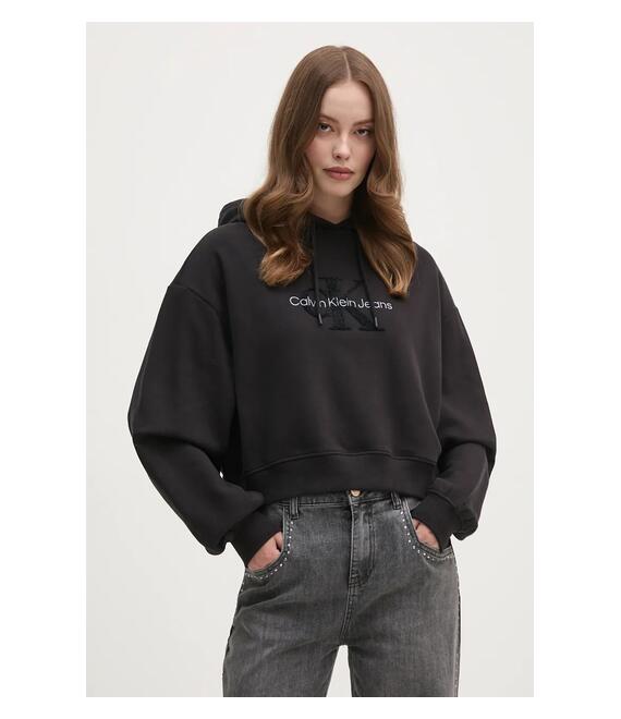 Βαμβακερή μπλούζα Calvin Klein Jeans γυναικεία, χρώμα: μαύρο, με κουκούλα, J20J224170