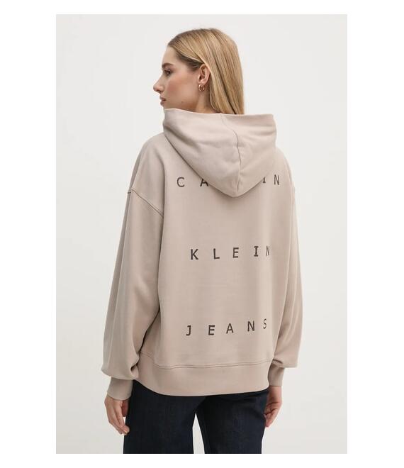 Βαμβακερή μπλούζα Calvin Klein Jeans γυναικεία, χρώμα: μπεζ, με κουκούλα, J20J225392