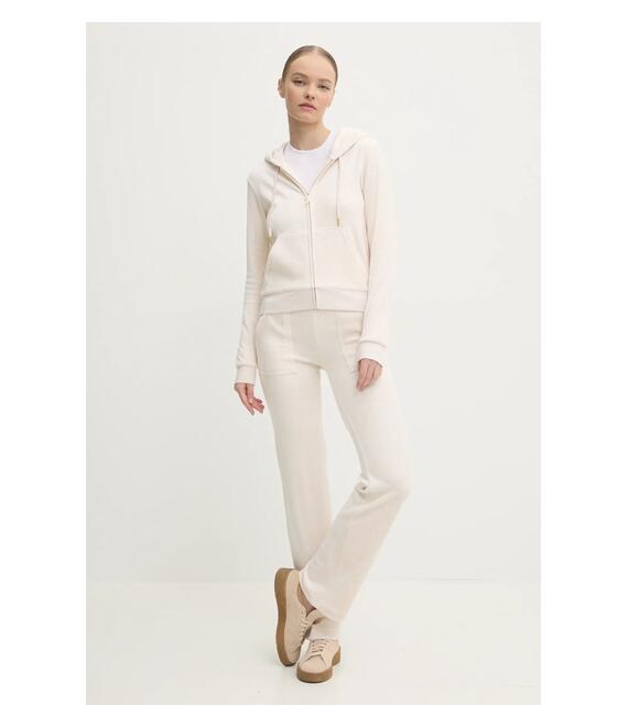 Βελούδινη μπλούζα Juicy Couture ROBERTSON GOLD χρώμα: μπεζ, με κουκούλα, JCAP176G