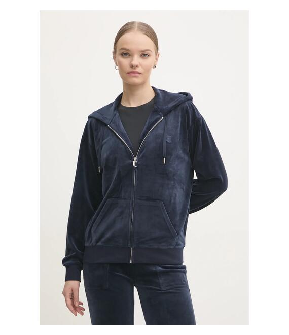 Βελούδινη μπλούζα Juicy Couture HALAN OVERSIZED HOODIE χρώμα: ναυτικό μπλε, με κουκούλα, JCWAS24342