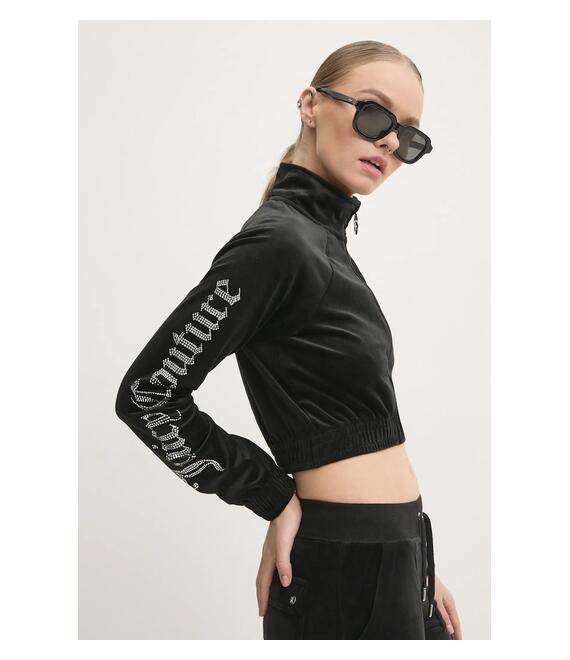 Βελούδινη μπλούζα Juicy Couture TASHA LOGO TRACKTOP χρώμα: μαύρο, JCWCT24305
