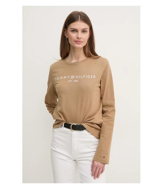 Βαμβακερή μπλούζα με μακριά μανίκια Tommy Hilfiger χρώμα: καφέ, WW0WW43620