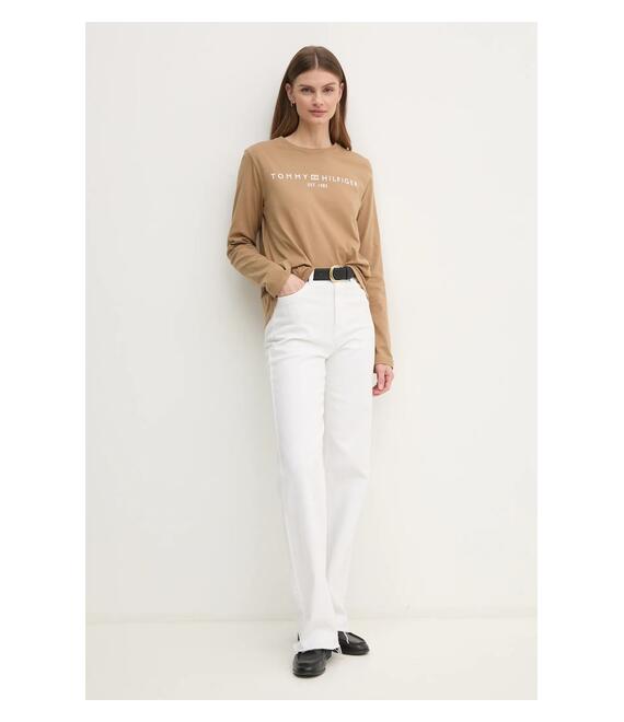 Βαμβακερή μπλούζα με μακριά μανίκια Tommy Hilfiger χρώμα: καφέ, WW0WW43620