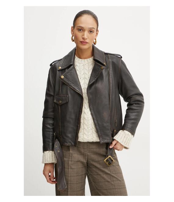 Δερμάτινo jacket Luisa Spagnoli SINGOLO γυναικείο, χρώμα: καφέ, 541219