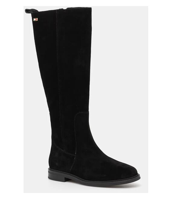 Μπότες σούετ Tommy Hilfiger FLAG SUEDE LONG BOOT ZIP γυναικείες, χρώμα: μαύρο, FW0FW08178