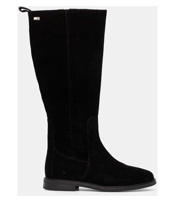 Μπότες σούετ Tommy Hilfiger FLAG SUEDE LONG BOOT ZIP γυναικείες, χρώμα: μαύρο, FW0FW08178
