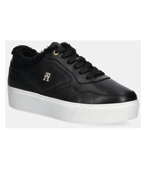 Δερμάτινα αθλητικά παπούτσια Tommy Hilfiger ESSENTIAL PLATFORM SNEAKER FUR χρώμα: μαύρο, FW0FW08349