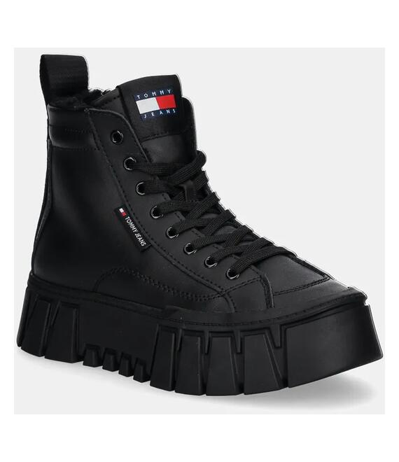 Δερμάτινα αθλητικά παπούτσια Tommy Jeans TJW VULC FLATFORM MC WL χρώμα: μαύρο, EN0EN02609
