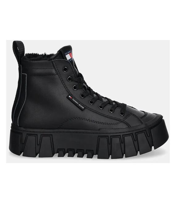 Δερμάτινα αθλητικά παπούτσια Tommy Jeans TJW VULC FLATFORM MC WL χρώμα: μαύρο, EN0EN02609