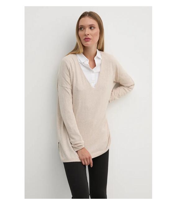 Πουλόβερ με προσθήκη μαλλιού Pepe Jeans ISELA V-NECK γυναικείο, χρώμα: μπεζ, PL702220 Πουλόβερ με προσθήκη μαλλιού Pepe Jeans ISELA V-NECK γυναικείο, χρώμα: μπεζ, PL702220