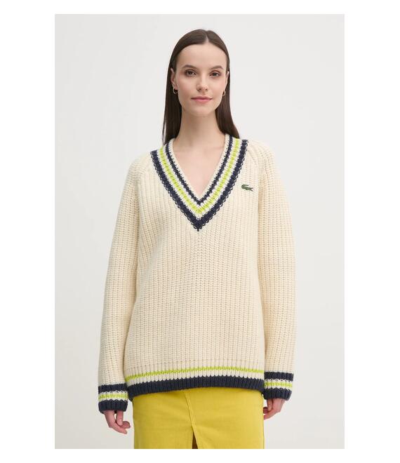 Μάλλινο πουλόβερ Lacoste γυναικείο, χρώμα: μπεζ, AF2563