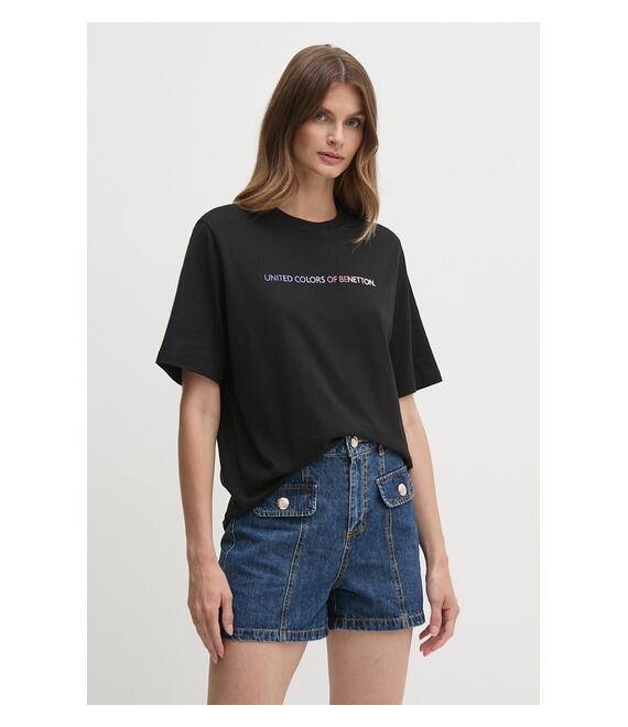 Βαμβακερό μπλουζάκι United Colors of Benetton γυναικείο, χρώμα: μαύρο, 3BL0D1081
