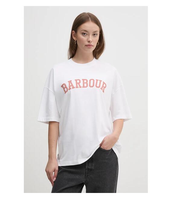 Βαμβακερό μπλουζάκι Barbour γυναικείο, χρώμα: άσπρο, LTS0652