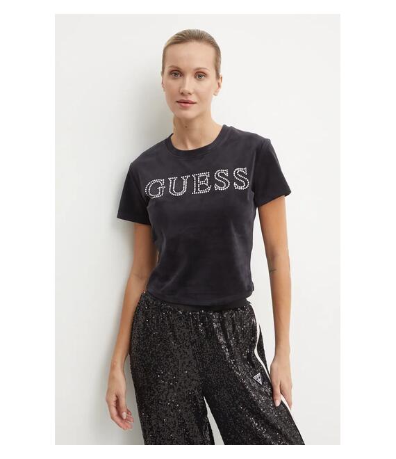 Βελούδινο μπλουζάκι Guess COUTURE χρώμα: μαύρο, V4BI29 KBXI2