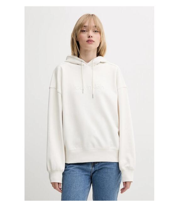 Βαμβακερή μπλούζα Calvin Klein γυναικεία, χρώμα: μπεζ, με κουκούλα, LV044C210G