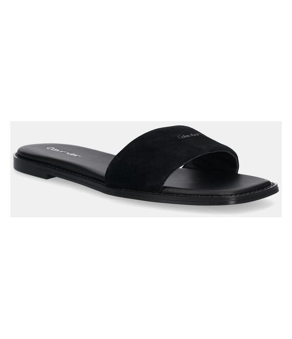 Παντόφλες σουέτ Calvin Klein FLAT SANDAL SQUARED HF SUE γυναικείες, χρώμα: μαύρο, HW0HW02557