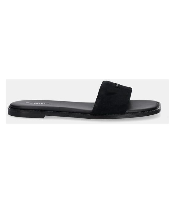 Παντόφλες σουέτ Calvin Klein FLAT SANDAL SQUARED HF SUE γυναικείες, χρώμα: μαύρο, HW0HW02557