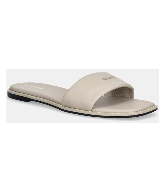 Δερμάτινες παντόφλες Calvin Klein FLAT SANDAL SQUARE HF LTH γυναικείες, χρώμα: μπεζ, HW0HW02652