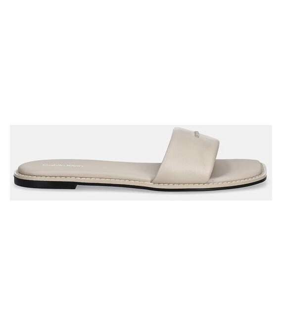 Δερμάτινες παντόφλες Calvin Klein FLAT SANDAL SQUARE HF LTH γυναικείες, χρώμα: μπεζ, HW0HW02652