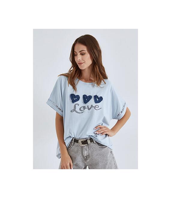 Μπλούζα με denim καρδιές και strass SN7642.4232+4