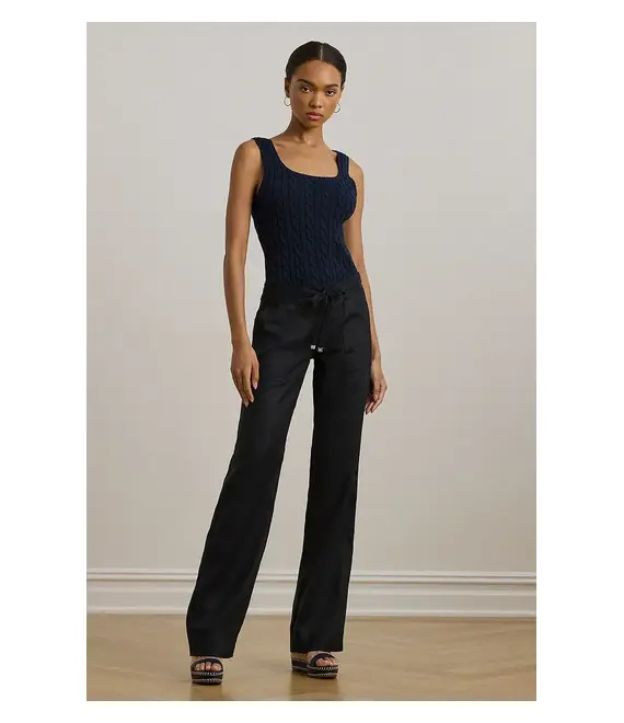 Λινό παντελόνι Lauren Ralph Lauren χρώμα: μαύρο