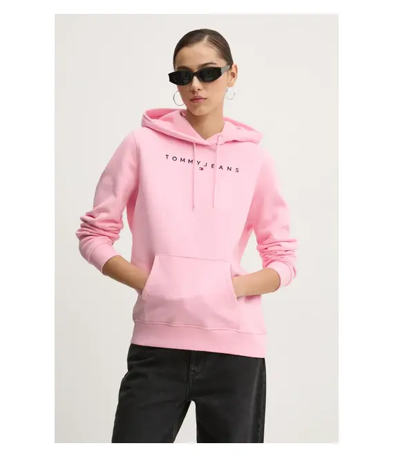 Μπλούζα Tommy Jeans χρώμα: ροζ, με κουκούλα, DW0DW17324