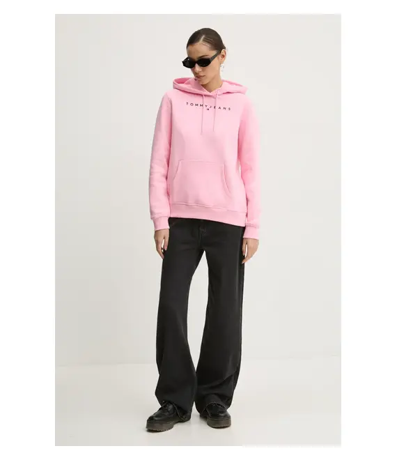 Μπλούζα Tommy Jeans χρώμα: ροζ, με κουκούλα, DW0DW17324